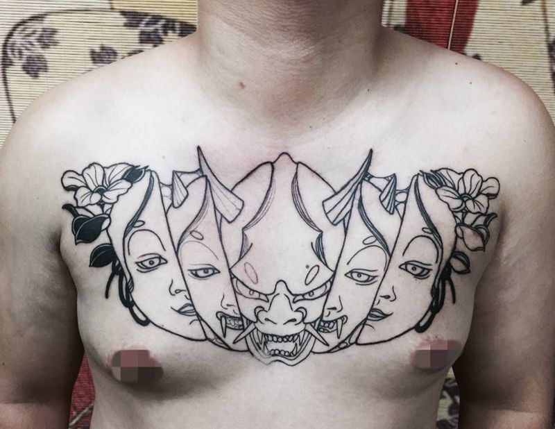 美人般若第二波，还是没挺完[皱眉]纹身图片_成品胸部传统鬼神人物纹身图案