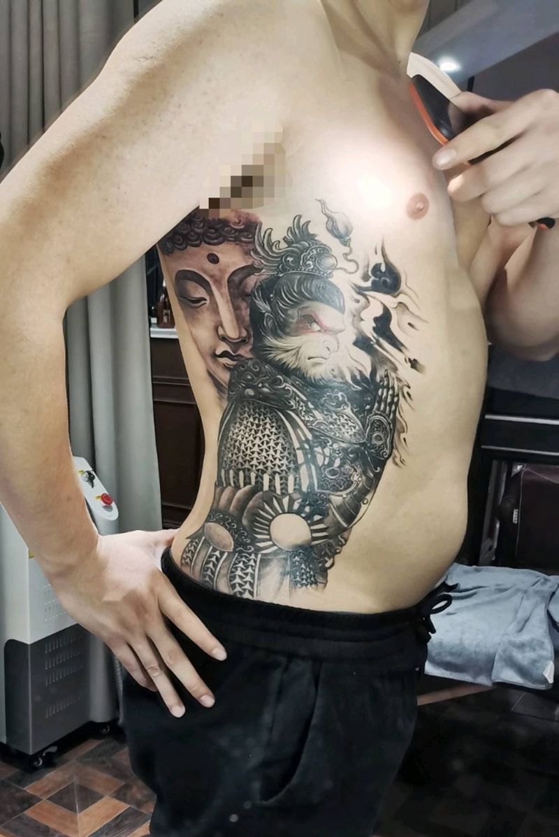 齐天大圣遮盖旧纹身纹身图片_腰部新传统纹身图案