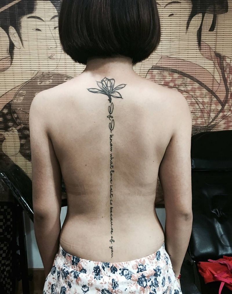 脊柱英文纹身图片_成品背部颈部清新几何字符植物纹身图案