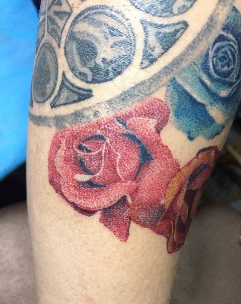 点彩，玫瑰纹身图片_成品手臂点刺植物纹身图案