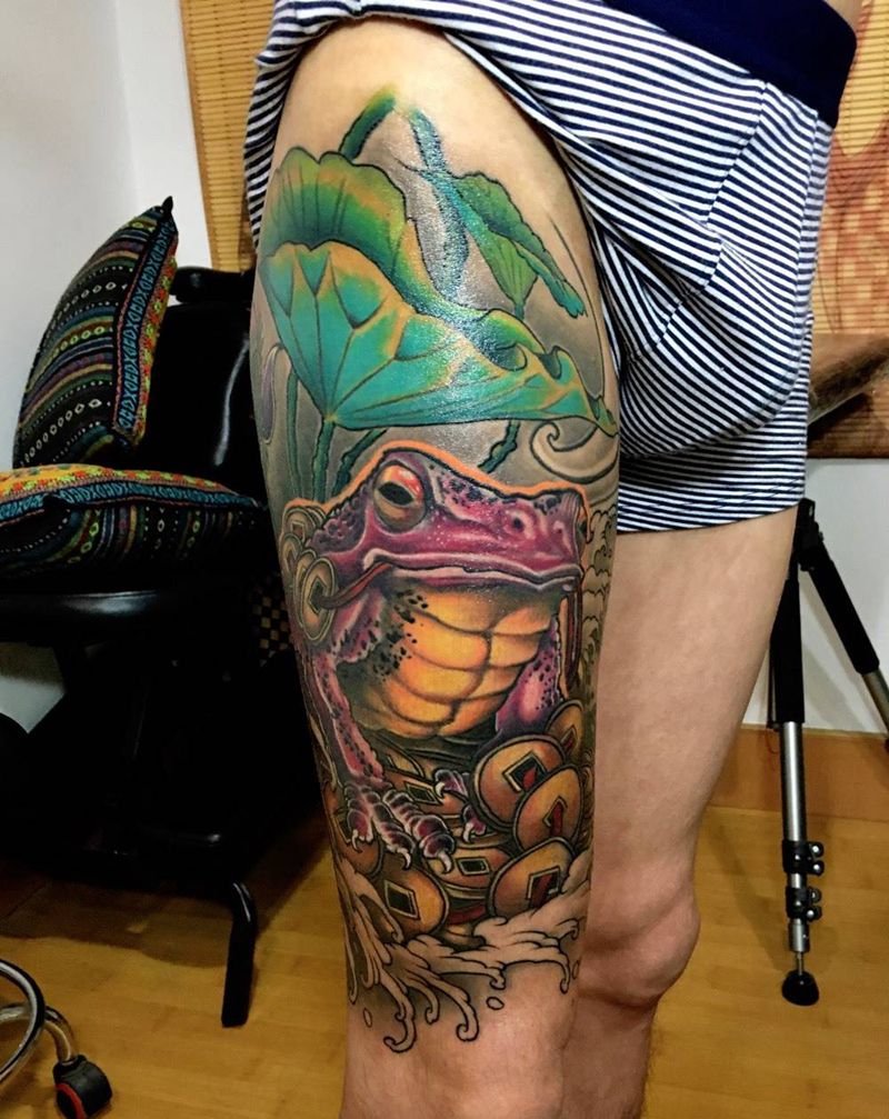 招财金蟾恢复后纹身图片_成品腿部传统动物鬼神植物静物纹身图案