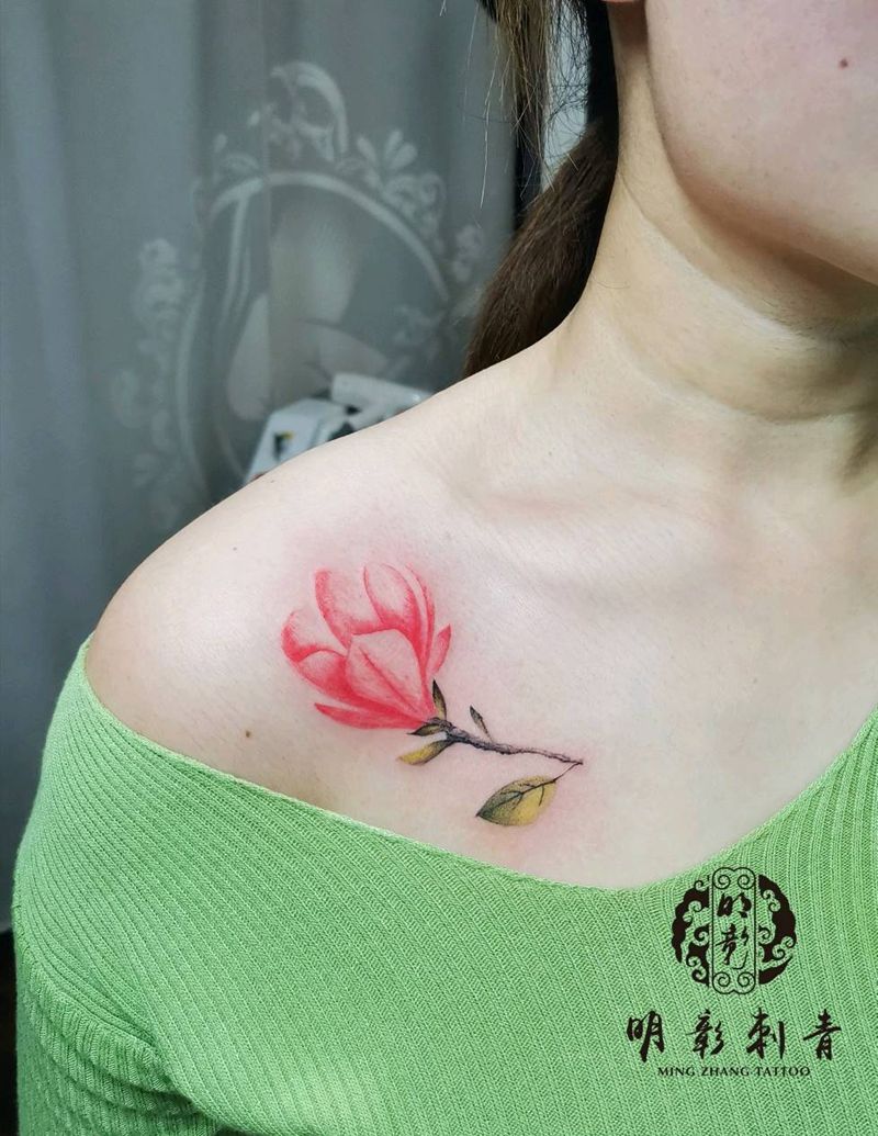 玉兰花纹身图片_颈部水彩纹身图案