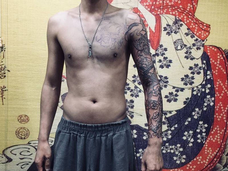 鬼武士大蛇花臂走线完成。纹身图片_手臂老传统蛇鬼武士纹身图案