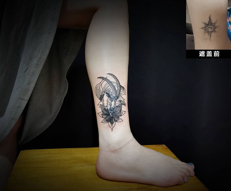 摩羯座遮盖。纹身图片_腿部纹身图案