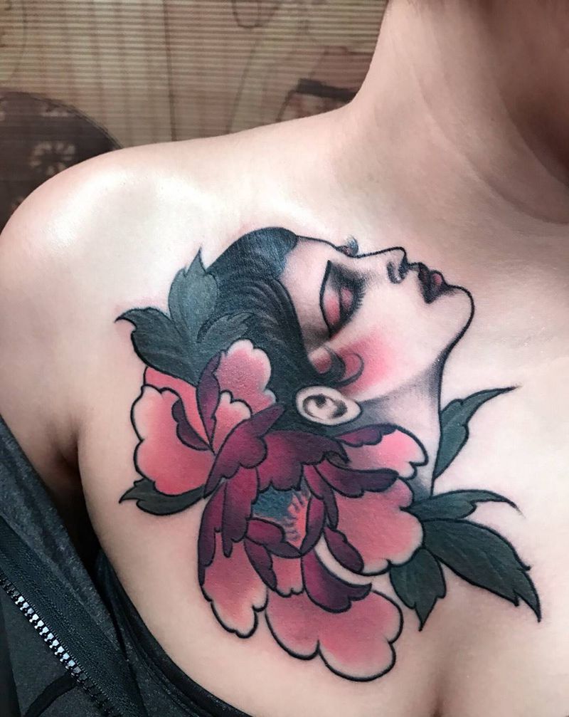 遮盖作品纹身图片_成品胸部肩部颈部欧美肖像清新人物植物纹身图案