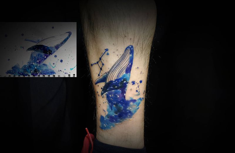 鲸纹身图片_腿部纹身图案