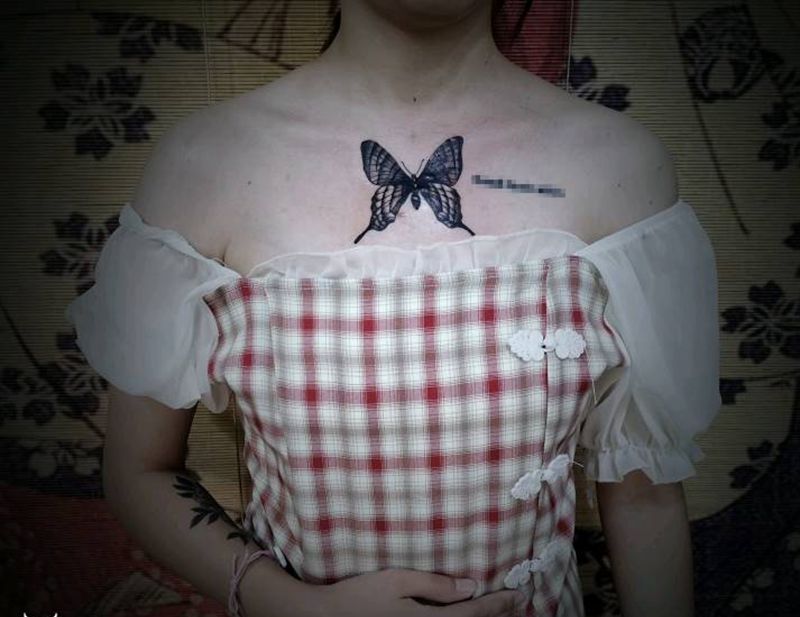 蝴蝶，疤痕遮盖篇。纹身图片_胸部纹身图案