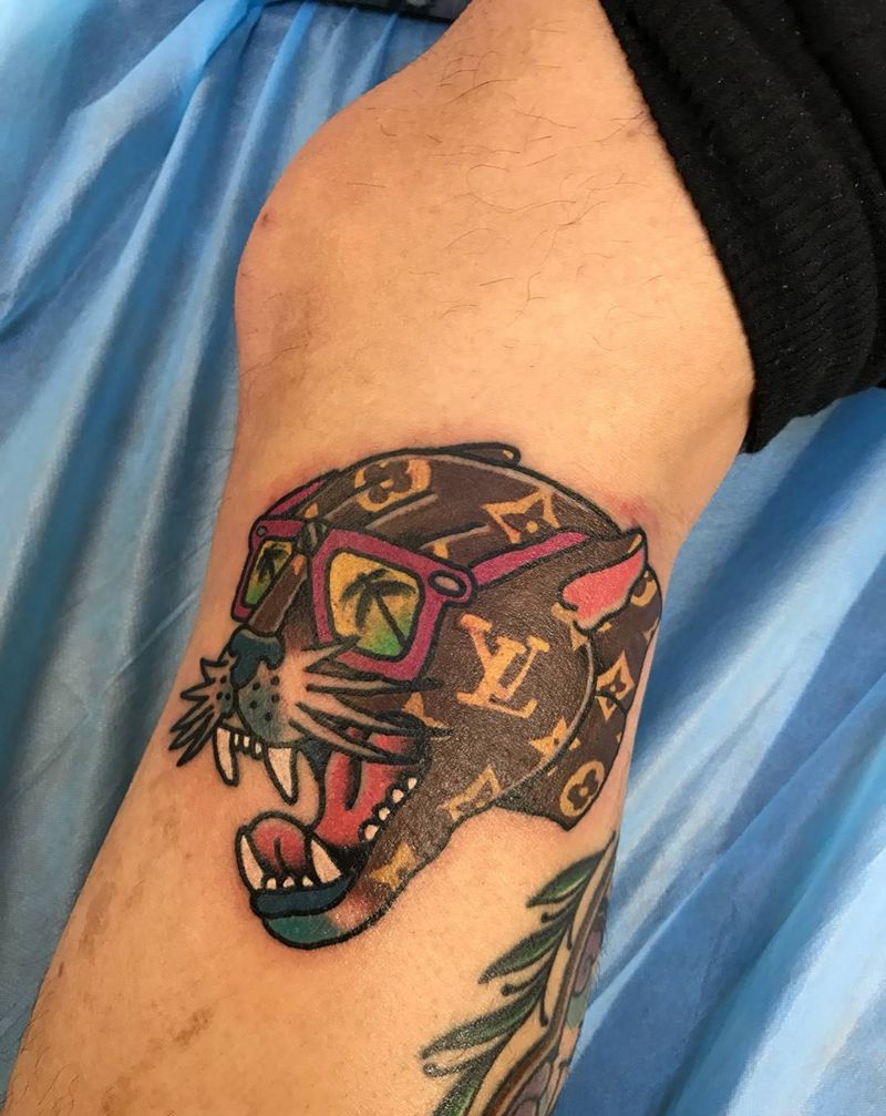 奢侈品豹纹身图片_腿部脚部Old School动物豹子眼镜纹身图案