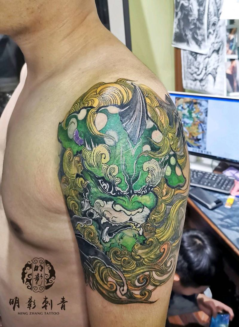 唐狮遮盖作品纹身图片_肩部新传统纹身图案