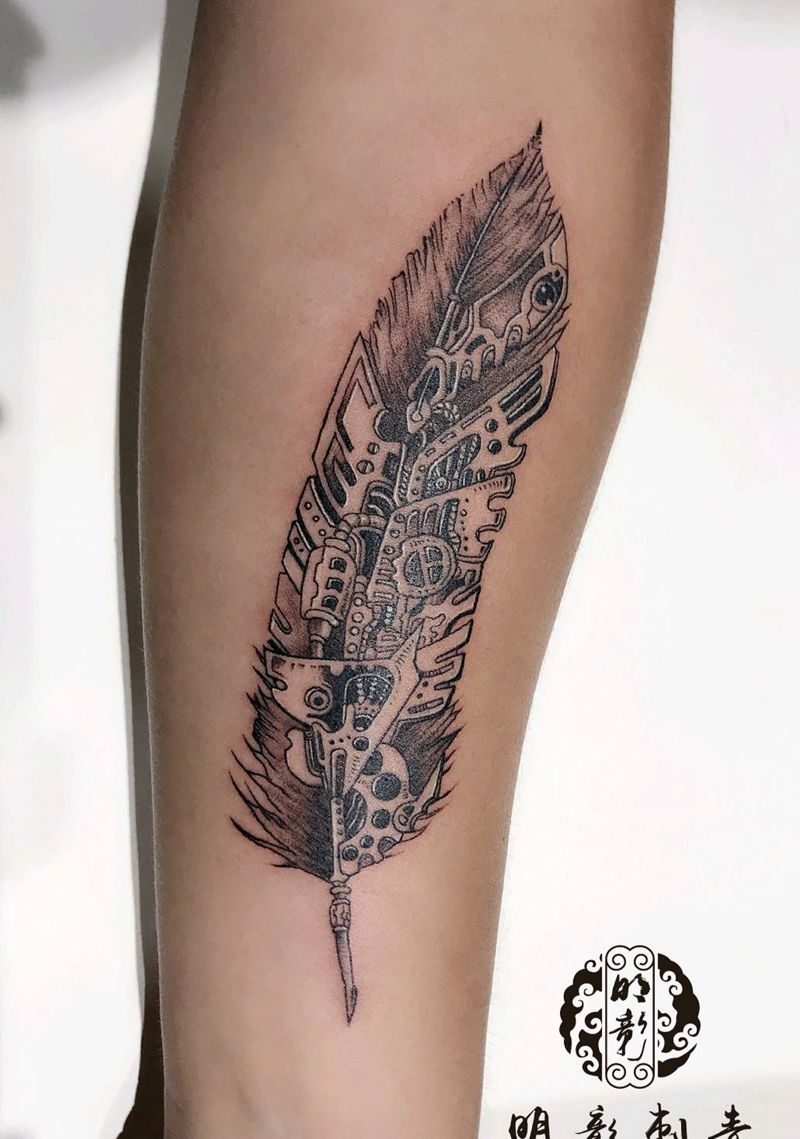机械羽毛纹身图片_手臂纹身图案