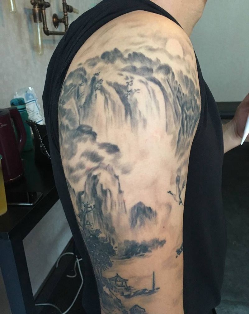 山水纹身图片_手臂水墨山水画纹身图案