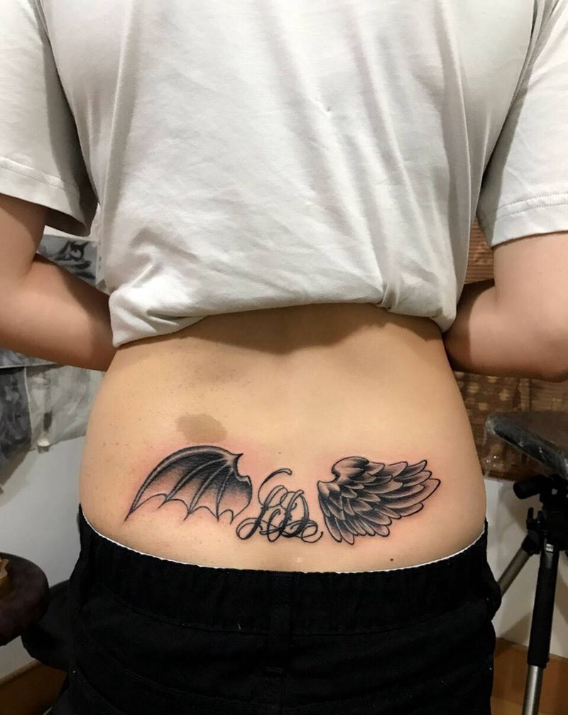 翅膀纹身图片_成品腰部臀部欧美清新动物鬼神图腾字符线条纹身图案