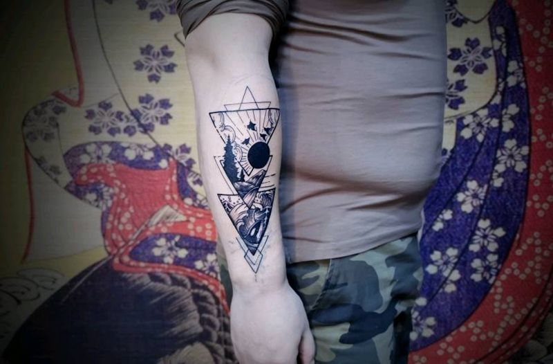 海洋-陆地-天空纹身图片_手臂几何纹身图案