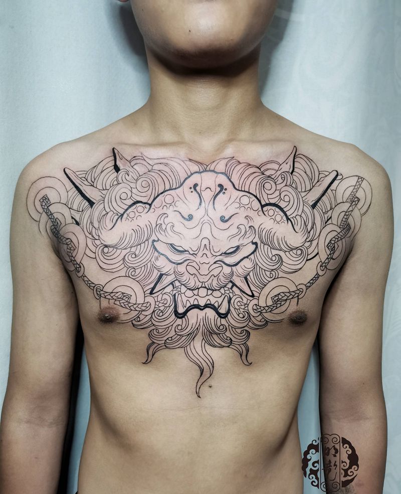 唐狮子纹身图片_胸部新传统纹身图案