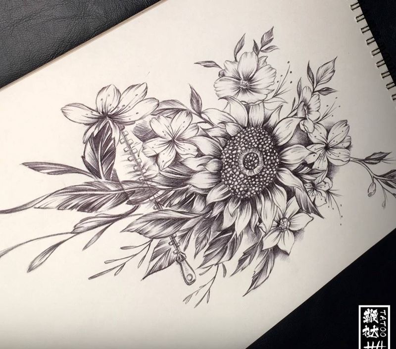 雏菊向日葵，私人订制完成。纹身图片_雏菊向日葵纹身图案