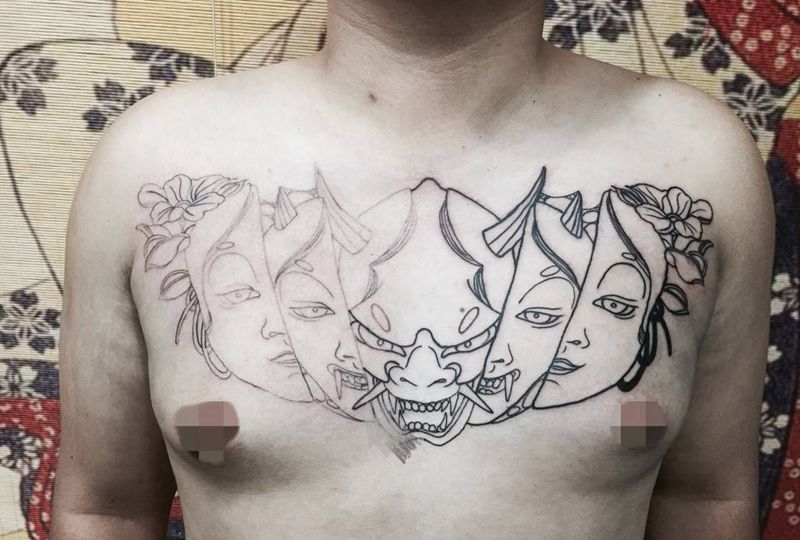 般若美人自由切换纹身图片_成品胸部传统习俗人物鬼神纹身图案