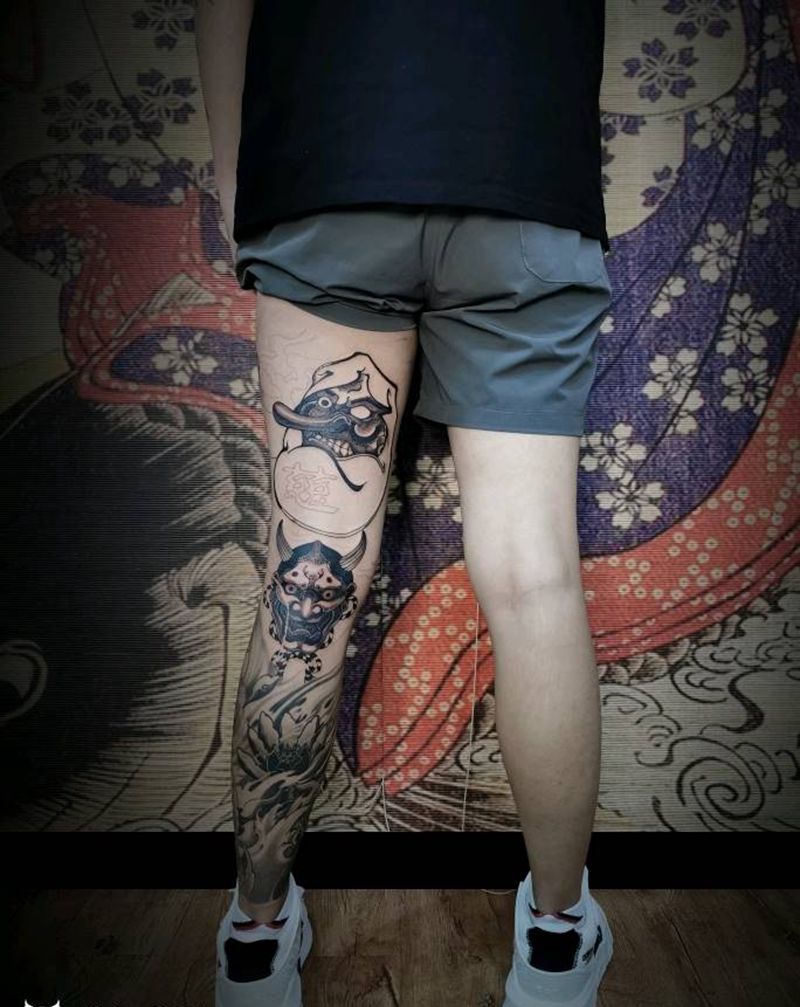 大天狗+达摩蛋、般若，未完成。纹身图片_腿部新传统达摩蛋般若纹身图案