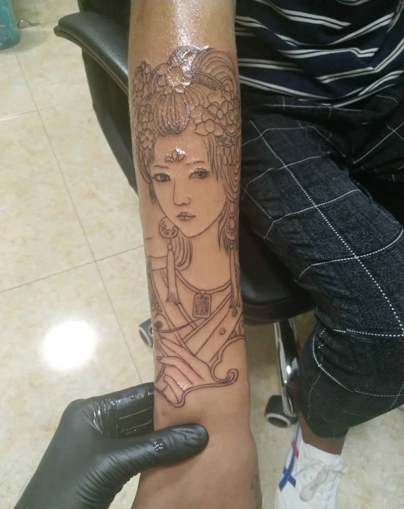 艺妓纹身图片_手臂传统人物成品手稿纹身图案