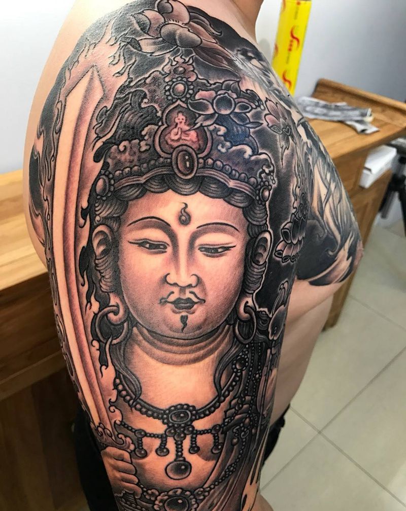 虚空藏菩萨纹身图片_肩部胸部新传统菩萨佛祖老虎纹身图案