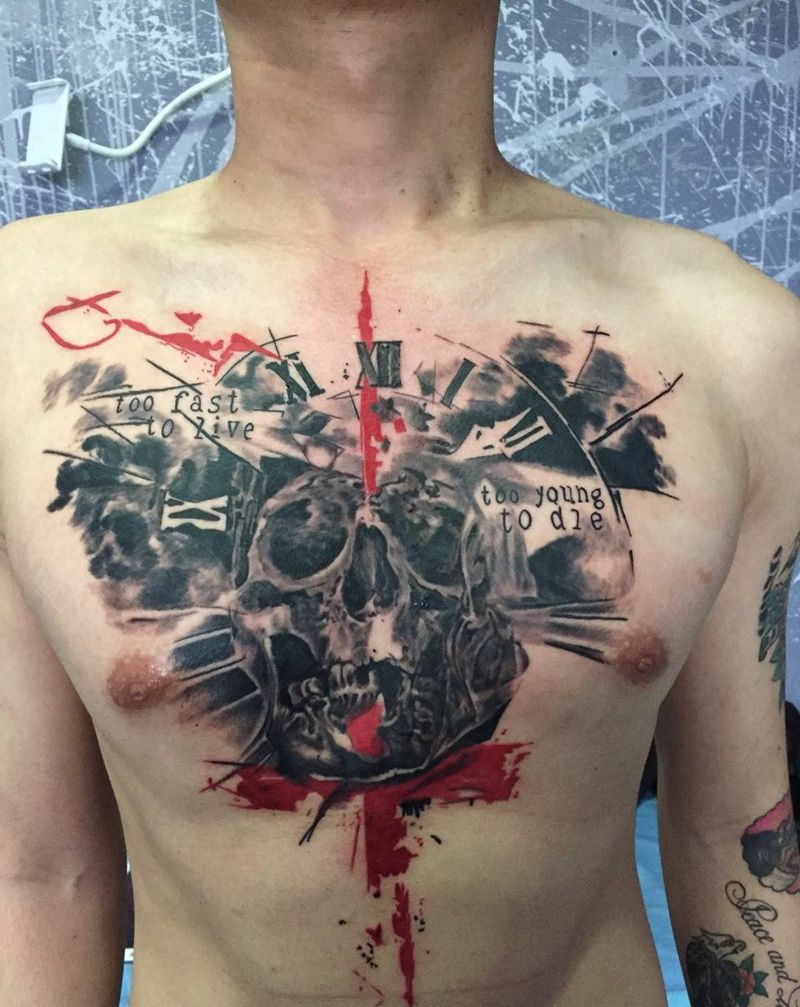 骷髅纹身图片_成品腹部欧美纹身图案