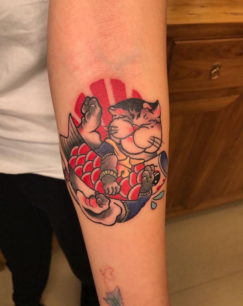 招财猫纹身图片_手臂手部New School新传统招财猫猫鱼纹身图案