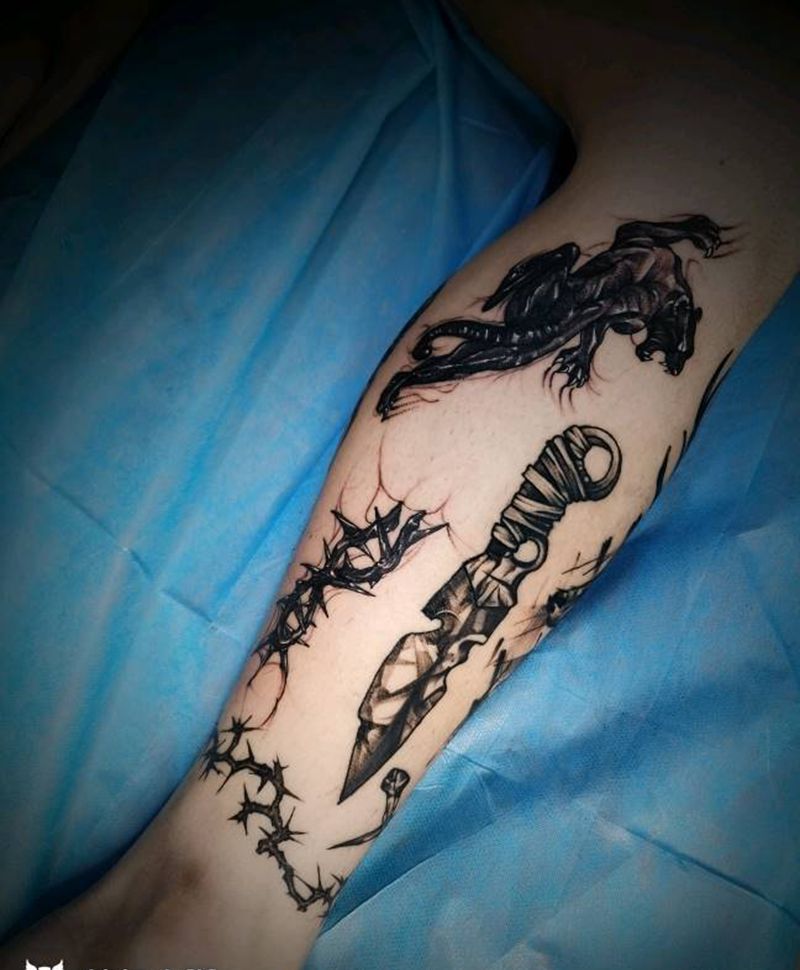 Black,小腿铺满~纹身图片_腿部纹身图案