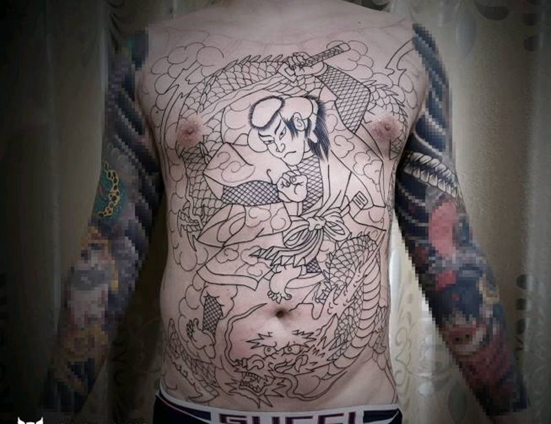 青岛日记1：云龙九郎，第一阶段纹身图片_胸部腹部老传统云龙九郎纹身图案