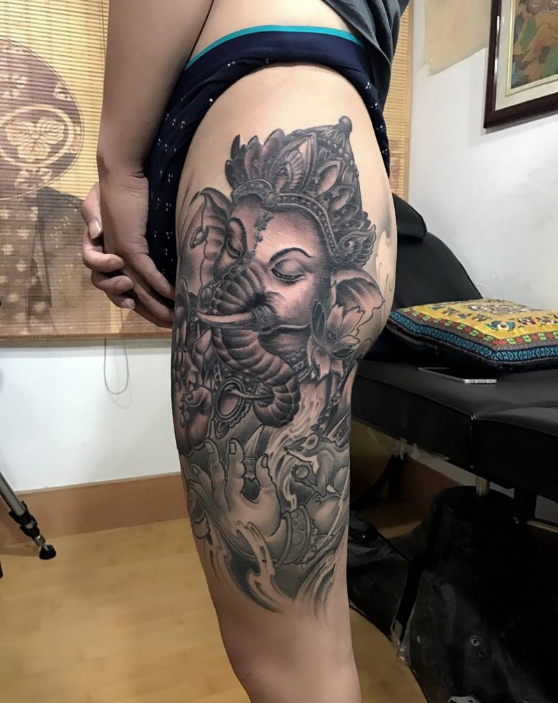 象财神纹身图片_成品臀部腿部传统动物鬼神宗教静物植物人物纹身图案