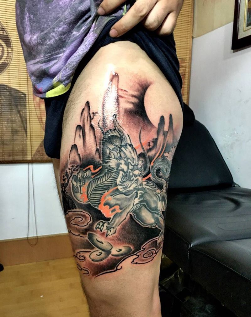 添个背景纹身图片_成品腿部传统国画鬼神宗教动物植物原创水墨纹身图案