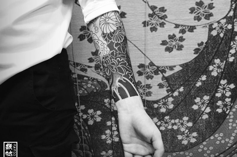 半甲花臂老日式进度1。纹身图片_手臂老传统纹身图案