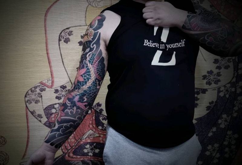 是个急活儿。纹身图片_手臂新传统龙鬼武士纹身图案