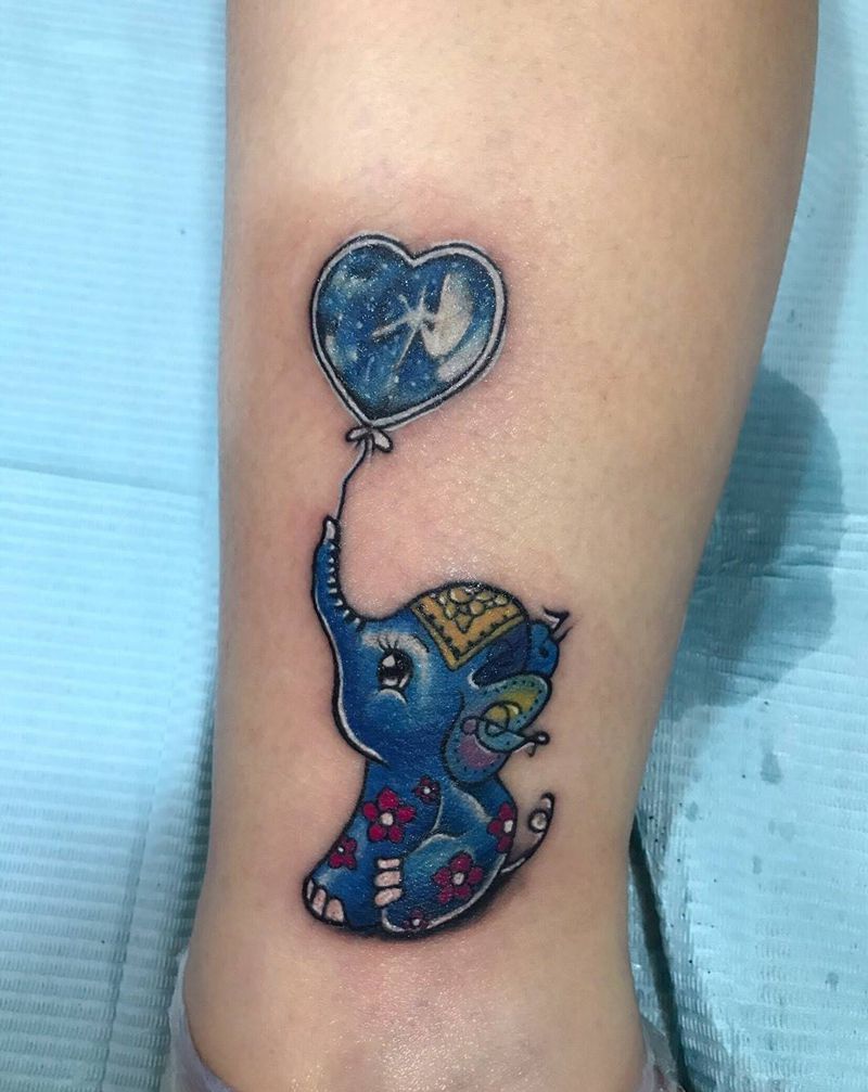 小萌象纹身图片_成品腿部脚部欧美清新动物静物卡通纹身图案