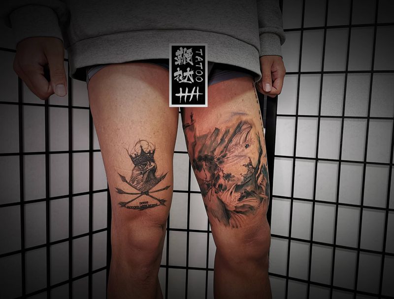 水墨包上了纹身图片_腿部水墨纹身图案