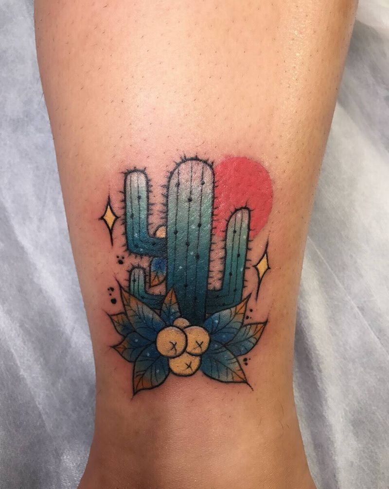 old school纹身图片_腿部脚部Old School仙人掌花太阳纹身图案