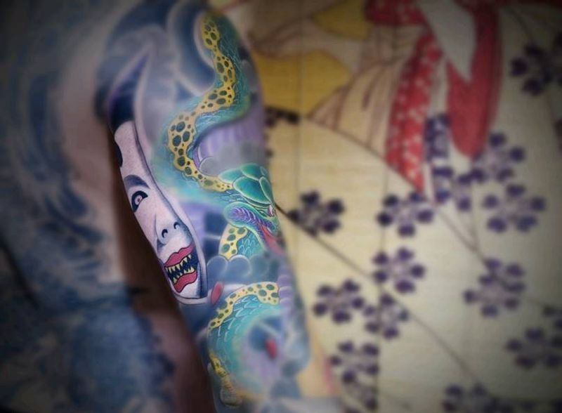 为别人的工作收尾纹身图片_手臂老传统能面纹身图案