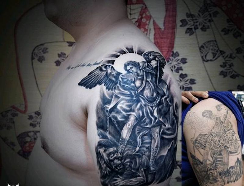 圣米迦勒纹身图片_手臂欧美写实纹身图案