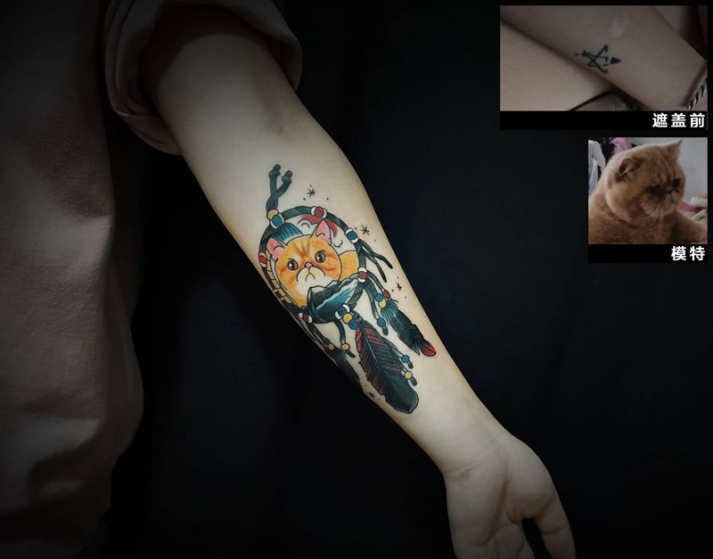 猫咪捕梦网遮盖纹身图片_手臂Old School纹身图案