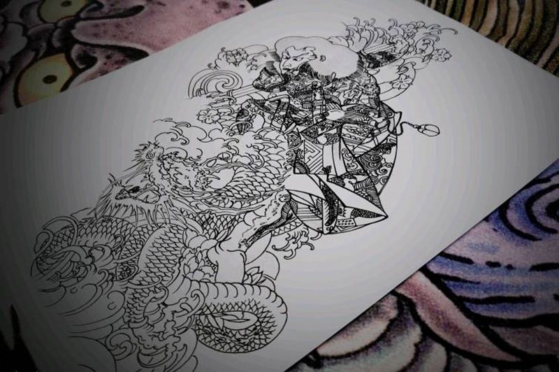 九纹龙再造稿纹身图片_腿部老传统九纹龙龙纹身图案