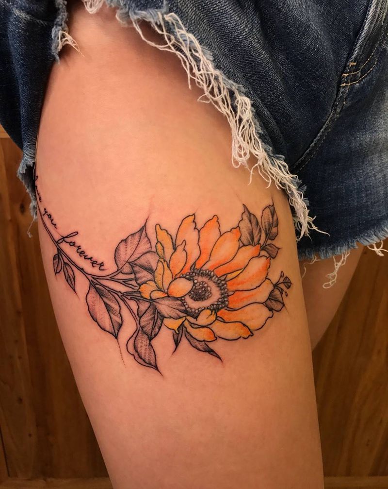 小清新太阳花纹身图片_臀部腿部点刺花体字太阳花向日葵花体字纹身图案