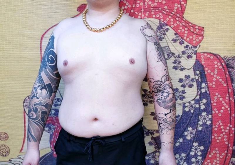 走线未完成纹身图片_手臂新传统避水金睛兽纹身图案