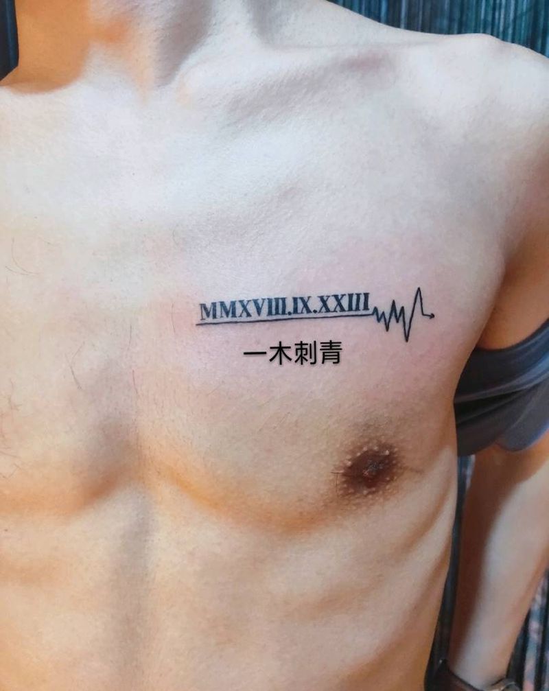 心电图纹身图片_胸部纹身图案