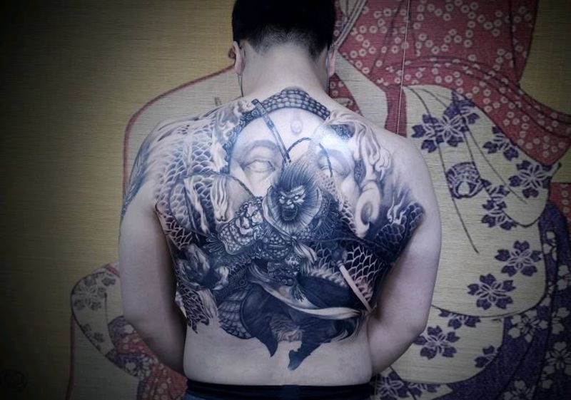 进度。纹身图片_背部新传统孙悟空纹身图案