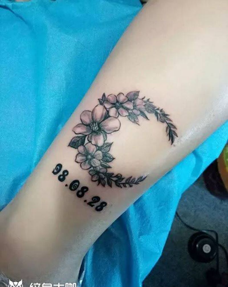 花环纹身图片_成品脚部清新植物纹身图案