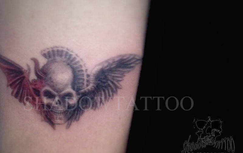 恶魔与天使纹身图片_欧美成品宗教黑灰手臂纹身图案