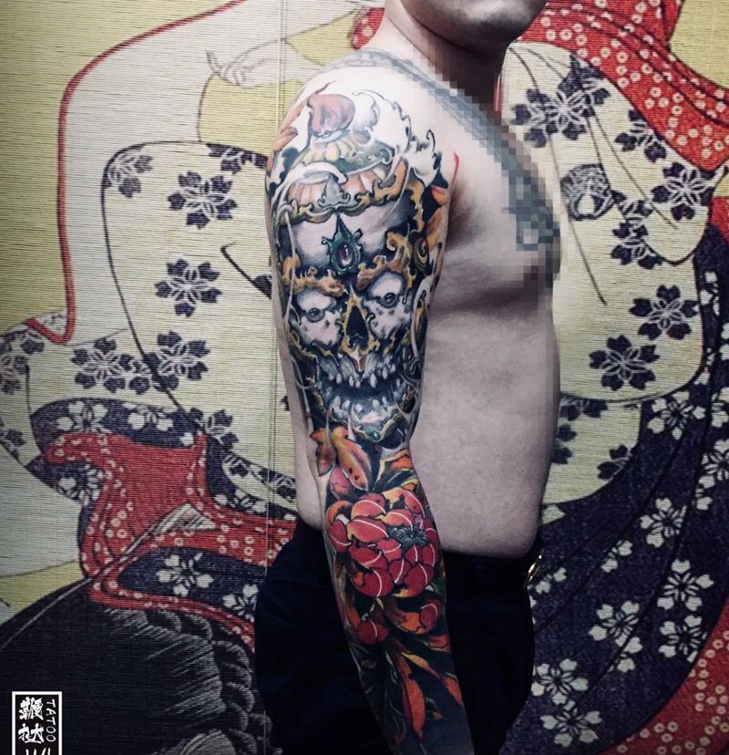 嘎巴拉花臂纹身图片_手臂新传统嘎巴拉菊纹身图案