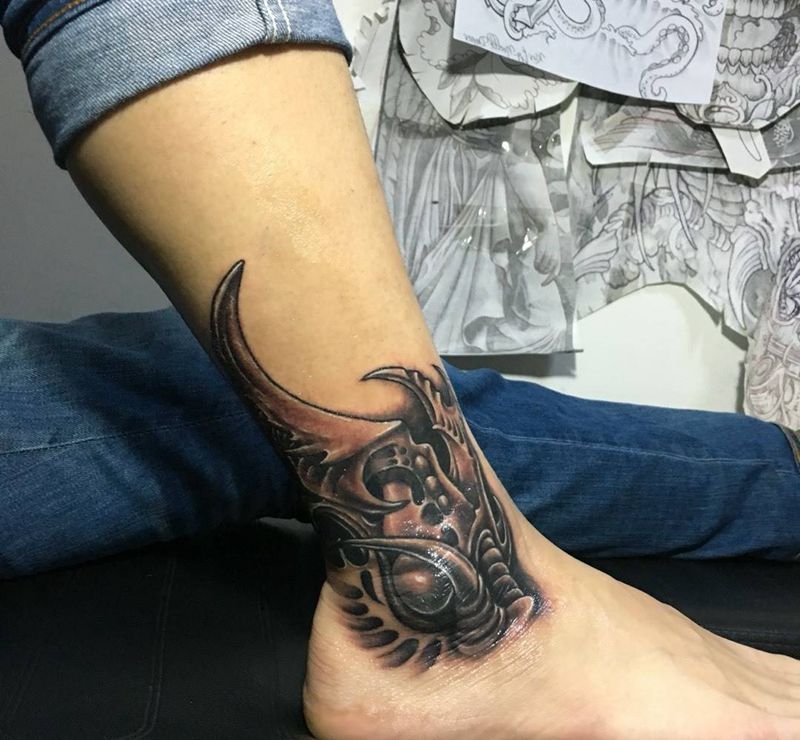 欧美3D黑灰风格小图一枚纹身图片_成品腿部脚部欧美写实3D立体原创机械纹身图案