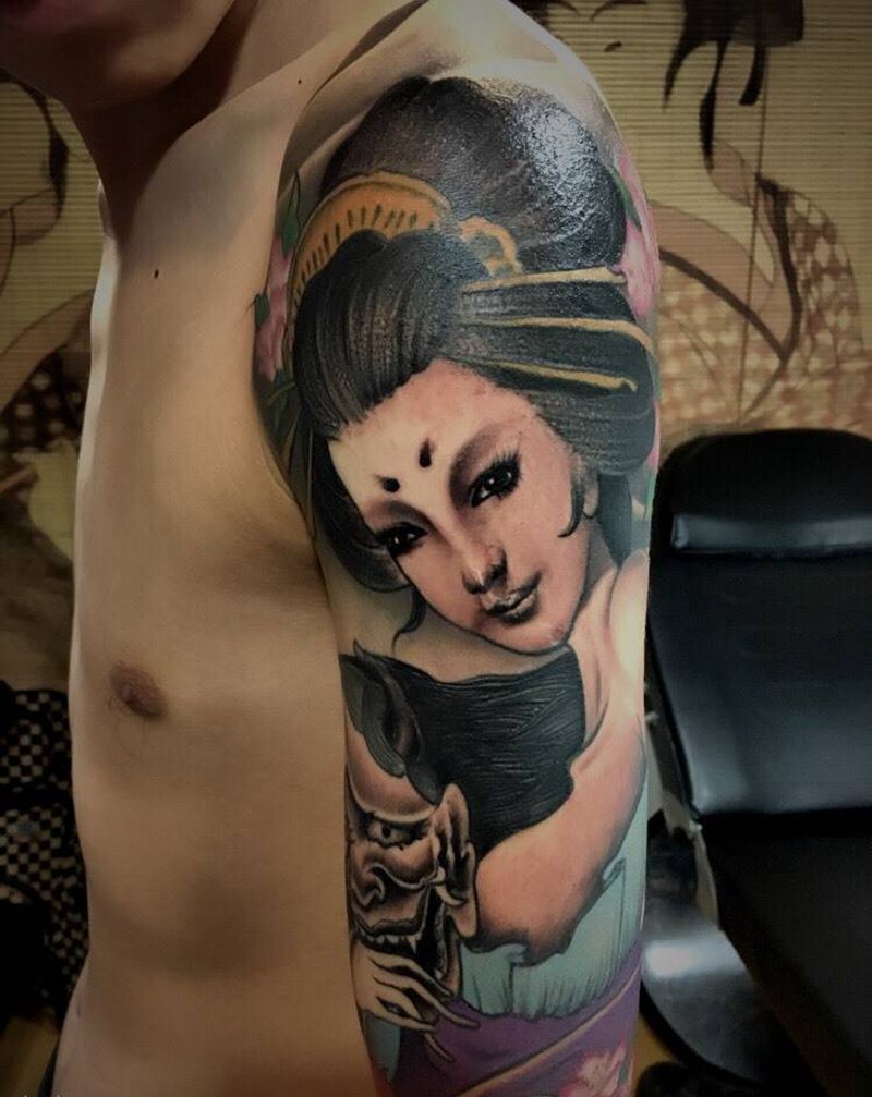 艺伎花臂纹身图片_成品肩部手臂传统人物鬼神植物纹身图案