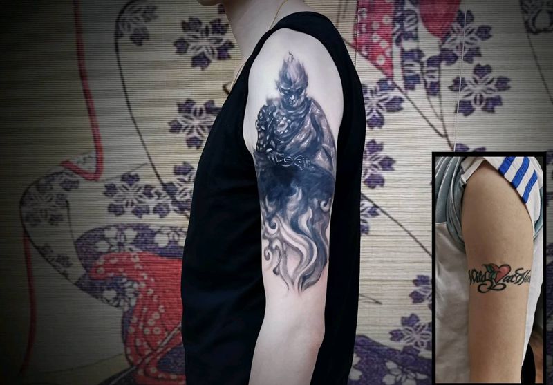 大笔触悟空遮盖。纹身图片_手臂新传统纹身图案