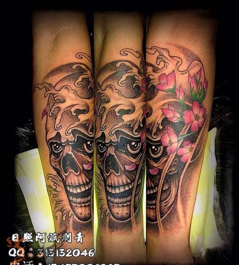 骷髅纹身图片_手臂传统鬼神纹身图案