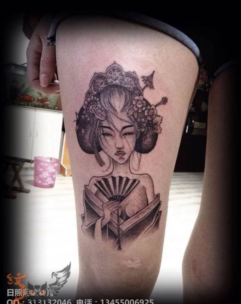 艺妓纹身图片_腿部成品传统人物纹身图案